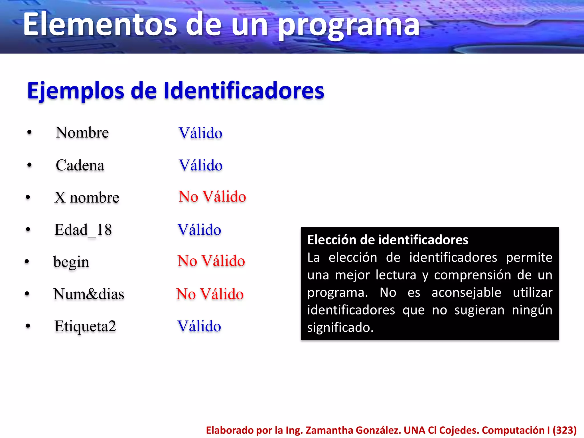 Elementos de un programa
Ejemplos de Identificadores
•   Nombre      Válido
•   Cadena      Válido
•   X nombre    No Válido

•   Edad_18     Válido
                                       Elección de identificadores
•   begin       No Válido              La elección de identificadores permite
                                       una mejor lectura y comprensión de un
•   Num&dias    No Válido              programa. No es aconsejable utilizar
                                       identificadores que no sugieran ningún
•   Etiqueta2   Válido                 significado.




                   Elaborado por la Ing. Zamantha González. UNA Cl Cojedes. Computación I (323)
 