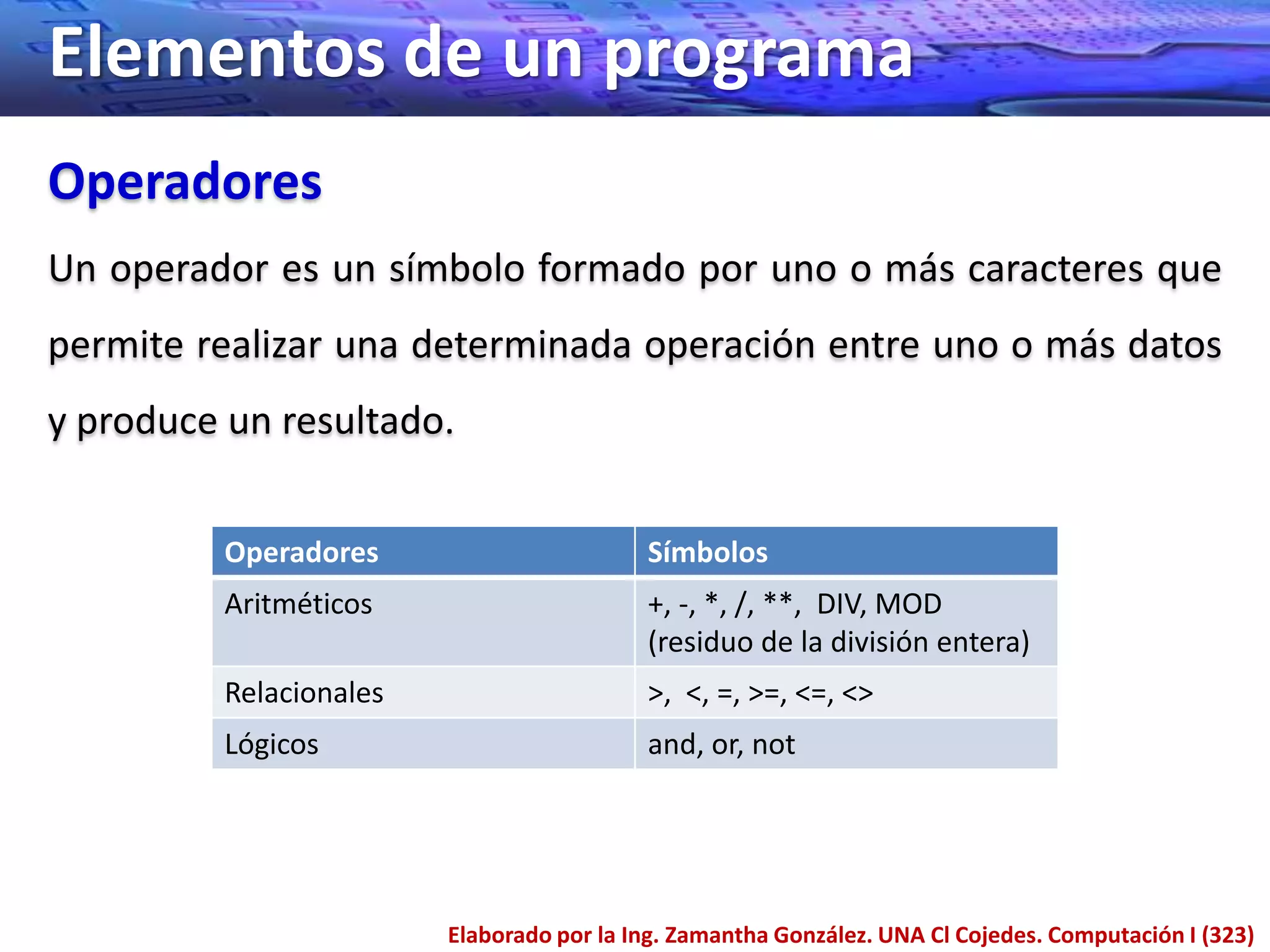 Elementos de un programa
Operadores
Un operador es un símbolo formado por uno o más caracteres que
permite realizar una determinada operación entre uno o más datos
y produce un resultado.


         Operadores                       Símbolos
         Aritméticos                      +, -, *, /, **, DIV, MOD
                                          (residuo de la división entera)
         Relacionales                     >, <, =, >=, <=, <>
         Lógicos                          and, or, not




                        Elaborado por la Ing. Zamantha González. UNA Cl Cojedes. Computación I (323)
 