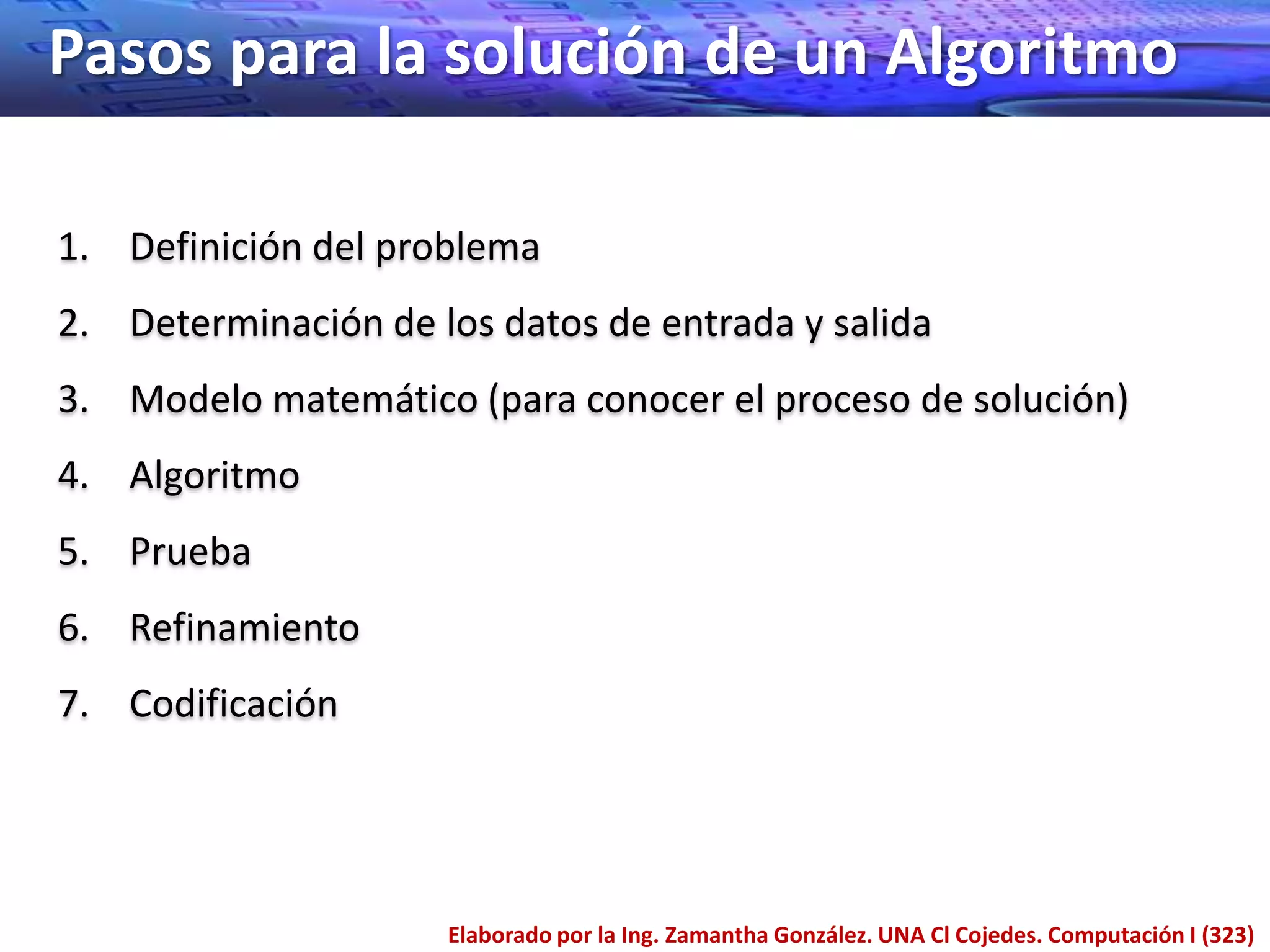 Pasos para la solución de un Algoritmo

1. Definición del problema
2. Determinación de los datos de entrada y salida
3. Modelo matemático (para conocer el proceso de solución)
4. Algoritmo
5. Prueba
6. Refinamiento
7. Codificación




                     Elaborado por la Ing. Zamantha González. UNA Cl Cojedes. Computación I (323)
 