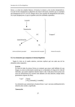 Introducción a la Psicolingüística
27
léxico, y se dan tres estadios básicos: el lexicón, la sintaxis y dos niveles interpretativos.
Los dos niveles interpretativos adquieren una mayor relevancia, mientras que se considera
que desaparecen la E-P y la E-S, aunque esta es una cuestión de interpretación (de hecho,
no es que desaparezcan, es que no quedan como dos realidades separadas).
Lexicón
Numeración
CC Lengua-I
materialización
FF FL
sistema articulatorio perceptual sistema intencional conceptual sistemas de actuación
5.2. Los elementos que componen el sistema lingüístico
Según lo visto en el cuadro anterior, conviene explicar qué son cada uno de los
elementos antes expuestos.
Lexicón
Se trata de todas las piezas léxicas en conjunto que posee cada hablante de una
lengua; es como un diccionario mental que se va haciendo a lo largo de la vida del
individuo, que puede ampliarse durante toda la vida. Cada pieza léxica posee una
serie de características (lo veremos más adelante con más atención, aunque ahora
presentamos algunas de ellas):
<caja> [´kaxa],
[+N], [-animado], [+contable]
Los elementos que caracterizan a la pieza léxica <caja> son una combinación de la
relación entre sonido y significado.
Numeración
 