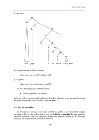 Xavier Frías Conde
30
o bien como:
SF
SN F’
Fi SV
V’
(hi) SP
P SD
D SN
N SP
Juan pegó a el chico con la gorra
La primera oración se ha de entender:
[Juan [pegó [al chico] [con la gorra]]]
y la segunda:
[Juan [pegó [al chico [con la gorra]]]]
Un caso de ambigüedad semántica sería:
• La descripción de los alumnos
dado que podría ser tanto que los alumnos describan (alumnos como agentes) como que
los alumnos sean descritos (alumnos como pacientes).
1.2. Rección por reglas
La presencia de errores en el habla infantil en cuanto al uso de ciertos tiempos
verbales se debe a que su lenguaje se rige por la lógica gramatical. De este modo se
explican ejemplos como los siguientes propios del lenguaje infantil (o del lenguaje
utilizado por extranjeros en los niveles iniciales):
 