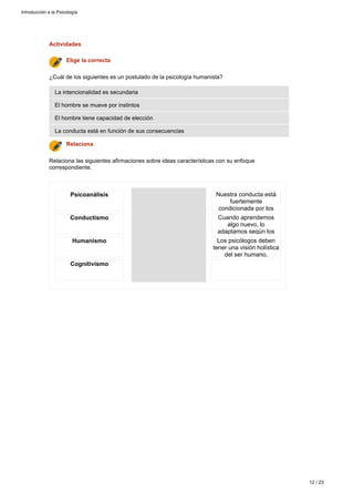 El individuo no es libre:
es la consecuencia
determinada de todos
sus aprendizajes
anteriores.
Introducción a la Psicología
12 / 23
Actividades
Relaciona las siguientes afirmaciones sobre ideas características con su enfoque
correspondiente.
Relaciona
La conducta está en función de sus consecuencias
El hombre tiene capacidad de elección
El hombre se mueve por instintos
La intencionalidad es secundaria
¿Cuál de los siguientes es un postulado de la psicología humanista?
Elige la correcta
Psicoanálisis
Conductismo
Humanismo
Cognitivismo
Nuestra conducta está
fuertemente
condicionada por los
instintos.Cuando aprendemos
algo nuevo, lo
adaptamos según los
esquemas que nuestro
cerebro posee de
aprendizajes anteriores.
Los psicólogos deben
tener una visión holística
del ser humano,
considerarlo
globalmente.
 