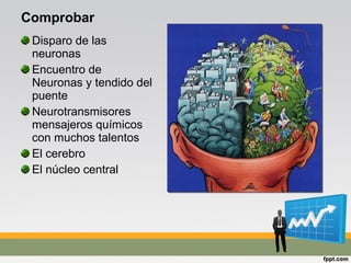 Comprobar
Disparo de las
neuronas
Encuentro de
Neuronas y tendido del
puente
Neurotransmisores
mensajeros químicos
con muchos talentos
El cerebro
El núcleo central
 