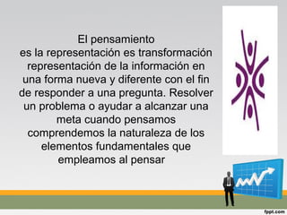 El pensamiento
es la representación es transformación
representación de la información en
una forma nueva y diferente con el fin
de responder a una pregunta. Resolver
un problema o ayudar a alcanzar una
meta cuando pensamos
comprendemos la naturaleza de los
elementos fundamentales que
empleamos al pensar
 