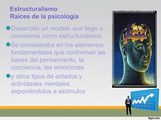 Estructuralismo
Raíces de la psicología
Desarrollo un modelo que llego a
conocerse como estructuralismo.
Se consideraba en los elementos
fundamentales que conforman las
bases del pensamiento, la
conciencia, las emociones
y otros tipos de estados y
actividades mentales,
exponiéndolos a estímulos
 