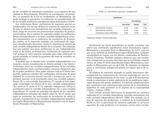 Tabla 11. Correlación parcial y semiparcial
Coeficientsa
Correlations
Model Zero-order Partial Part
1 Razonamiento numérico 0,446 0,446 0,446
2 Razonamiento numérico 0,446 0,339 0,313
Autoeficacia Lógico-matemática 0,384 0,243 0,217
a Dependent Variable: Promedio Matemática.
Analizando los datos precedentes se puede constatar que
existe una correlación significativa entre Autoeficacia Lógico-
Matemática y promedio final en Matemática de 0,217, una vez
que se ha excluido de Autoeficacia Lógico-Matemática cualquier
variabilidad en común con los efectos combinados de Razona-
miento Numérico. También podemos observar que esta correla-
ción semiparcial es un poco más baja que la correlación original
(bruta, de orden 0) entre Autoeficacia Lógico-Matemática y pro-
medio en Matemática que era de 0,384. No obstante, en algunos
casos la correlación semiparcial podría ser mayor que la de or-
den 0.
El análisis de regresión múltiple no puede discriminar ade-
cuadamente los componentes de varianza explicada por una va-
riable independientemente de las otras, ya que el R incremental
tiende a subestimar el poder explicativo de los predictores ingre-
sados después del primer predictor. Un método complementario
que suministra una estimación más precisa de la contribución
específica de cada predictor es el análisis de la comunalidad
(Cooley y Lohnes, 1976).
Este método permite determinar la proporción de varianza
explicada de la variable dependiente asociada únicamente con
cada variable independiente (Rowell, 1996). Por ejemplo, en el
caso de ingresar dos predictores, el análisis de la comunalidad
divide en tres el porcentaje de varianza explicada: la varianza
específica de cada predictor y la varianza común entre los dos.
ANÁLISIS PSICOMÉTRICOS CON SPSS 265
de las variables se mantienen constantes, a un aumento de una
unidad en Razonamiento Numérico le corresponde, en prome-
dio, un aumento de 0,112 en rendimiento en Matemática. De
modo análogo se interpreta el coeficiente no estandarizado (B)
de la variable predictora autoeficacia lógico-matemática (0,033).
Los coeficientes Betas (coeficientes de regresión parcial es-
tandarizados) son los que definen la ecuación de regresión cuan-
do ésta se obtiene tras estandarizar las variables originales, es
decir, luego de convertir las puntuaciones originales en puntua-
ciones típicas. En el análisis de regresión simple, los coeficientes
Betas correspondientes a la única variable independiente coinci-
den exactamente con el coeficiente de correlación de Pearson.
En cambio, en la regresión múltiple, los coeficientes de regre-
sión estandarizados permiten valorar la importancia relativa de
cada variable independiente dentro de la ecuación. Sin embargo,
hay que señalar que estos coeficientes no son independientes
entre sí; de hecho, se denominan “coeficiente de regresión par-
cial” porque el valor concreto estimado para cada coeficiente se
ajusta teniendo en cuenta la presencia del resto de variables in-
dependientes.
A medida que se añaden más variables independientes a la
ecuación, mayor consideración se deberá prestar a las interco-
rrelaciones entre las variables independientes. Si las variables
independientes están correlacionadas, entonces comparten algo
de su poder predictivo. Para poder estimar cuál es el efecto com-
partido, podemos calcular dos coeficientes adicionales de gran
utilidad, la correlación parcial (partial) y semiparcial (part). La
primera (parcial) es la correlación entre una variable indepen-
diente (X1) y una variable dependiente (Y) cuando se han supri-
mido (controlado) los efectos de la otra variable independiente
(X2) tanto en X1 como en Y. La segunda (semiparcial) refleja la
correlación entre la variable independiente (X1) y una variable
dependiente (Y) cuando se controlan los efectos de las variables
independientes restantes del modelo sobre X1. En el cuadro que
sigue se presentan los coeficientes de correlación de orden 0,
parcial y semiparcial de las variables independientes Autoefica-
cia Lógico-Matemática y Razonamiento Numérico con la depen-
diente Promedio en Matemática.
264 INTRODUCCIÓN A LA PSICOMETRÍA
 