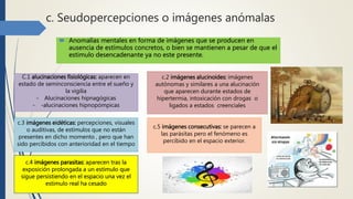 c. Seudopercepciones o imágenes anómalas
 Anomalías mentales en forma de imágenes que se producen en
ausencia de estímulos concretos, o bien se mantienen a pesar de que el
estimulo desencadenante ya no este presente.
C.1 alucinaciones fisiológicas: aparecen en
estado de seminconsciencia entre el sueño y
la vigilia
- Alucinaciones hipnagógicas
- -alucinaciones hipnopómpicas
c.2 imágenes alucinoides: imágenes
autónomas y similares a una alucinación
que aparecen durante estados de
hipertermia, intoxicación con drogas o
ligados a estados creenciales
c.3 imágenes eidéticas: percepciones, visuales
o auditivas, de estímulos que no están
presentes en dicho momento , pero que han
sido percibidos con anterioridad en el tiempo
c.4 imágenes parasitas: aparecen tras la
exposición prolongada a un estimulo que
sigue persistiendo en el espacio una vez el
estimulo real ha cesado
c.5 imágenes consecutivas: se parecen a
las parásitas pero el fenómeno es
percibido en el espacio exterior.
 
