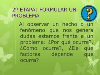 2º ETAPA: FORMULAR UN
PROBLEMA
Al observar un hecho o un
fenómeno que nos genera
dudas estamos frente a un
problema: ¿Por qué ocurre?,
¿Cómo ocurre?, ¿De qué
factores
depende
que
ocurra?

 
