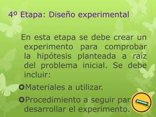4º Etapa: Diseño experimental
En esta etapa se debe crear un
experimento para comprobar
la hipótesis planteada a raíz
del problema inicial. Se debe
incluir:

Materiales a utilizar.
Procedimiento a seguir para
desarrollar el experimento.

 