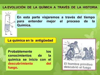 LA EVOLUCIÓN DE LA QUÍMICA A TRAVÉS DE LA HISTORIA

En esta parte viajaremos a través del tiempo
para entender mejor el proceso de la
Química.

La química en la antigüedad
Probablemente
los
conocimientos
de
la
química se inicio con el
descubrimiento
del
fuego.

 