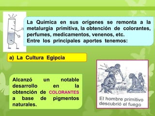 La Química en sus orígenes se remonta a la
metalurgia primitiva, la obtención de colorantes,
perfumes, medicamentos, venenos, etc.
Entre los principales aportes tenemos:
a) La Cultura Egipcia

Alcanzó
un
notable
desarrollo
en
la
obtención de COLORANTES
a base de pigmentos
naturales.

 