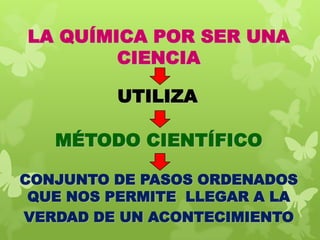 LA QUÍMICA POR SER UNA
CIENCIA
UTILIZA

MÉTODO CIENTÍFICO
CONJUNTO DE PASOS ORDENADOS
QUE NOS PERMITE LLEGAR A LA
VERDAD DE UN ACONTECIMIENTO

 