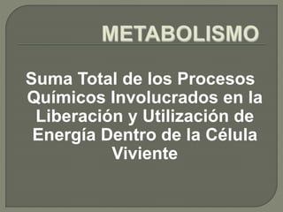 Suma Total de los Procesos
Químicos Involucrados en la
Liberación y Utilización de
Energía Dentro de la Célula
Viviente
 