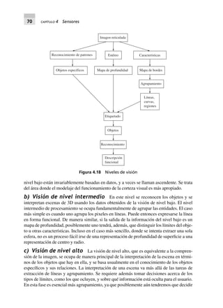 70 CAPÍTULO 4 Sensores
nivel bajo están invariablemente basadas en datos, y a veces se llaman ascendente. Se trata
del área donde el modelaje del funcionamiento de la corteza visual es más apropiado.
b) Visión de nivel intermedio En este nivel se reconocen los objetos y se
interpretan escenas de 3D usando los datos obtenidos de la visión de nivel bajo. El nivel
intermedio de procesamiento se ocupa fundamentalmente de agrupar las entidades. El caso
más simple es cuando uno agrupa los pixeles en líneas. Puede entonces expresarse la línea
en forma funcional. De manera similar, si la salida de la información del nivel bajo es un
mapa de profundidad, posiblemente uno tendrá, además, que distinguir los límites del obje-
to u otras características. Incluso en el caso más sencillo, donde se intenta extraer una sola
esfera, no es un proceso fácil irse de una representación de profundidad de superficie a una
representación de centro y radio.
c) Visión de nivel alto La visión de nivel alto, que es equivalente a la compren-
sión de la imagen, se ocupa de manera principal de la interpretación de la escena en térmi-
nos de los objetos que hay en ella, y se basa usualmente en el conocimiento de los objetos
específicos y sus relaciones. La interpretación de una escena va más allá de las tareas de
extracción de líneas y agrupamiento. Se requiere además tomar decisiones acerca de los
tipos de límites, como los que ocluyen, y sobre qué información está oculta para el usuario.
En esta fase es esencial más agrupamiento, ya que posiblemente aún tendremos que decidir
Imagen reticulada
Reconocimiento de patrones
Objetos específicos
Estéreo
Mapa de profundidad
Características
Mapa de bordes
Agrupamiento
Líneas,
curvas,
regiones
Etiquetado
Objetos
Reconocimiento
Descripción
funcional
Figura 4.18 Niveles de visión
 