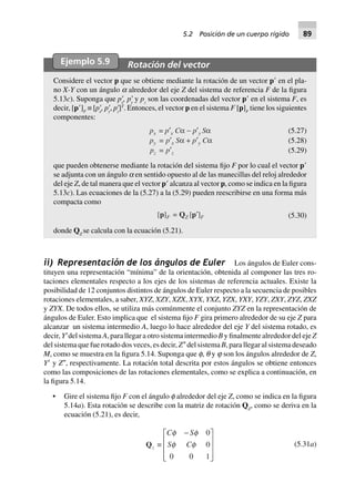 Ejemplo 5.9 Rotación del vector
Considere el vector p que se obtiene mediante la rotación de un vector pЈ en el pla-
no X-Y con un ángulo a alrededor del eje Z del sistema de referencia F de la figura
5.13c). Suponga que pЈx
, pЈy
y pz
son las coordenadas del vector pЈ en el sistema F, es
decir, [pЈ]F
≡ [pЈx
, pЈy
, pЈz
]T
. Entonces, el vector p en el sistema F [p]F
tiene los siguientes
componentes:
(5.27)
(5.28)
px = p¢x Ca - p¢y Sa
py = p¢x Sa + p¢y Ca
pz = p¢z (5.29)
que pueden obtenerse mediante la rotación del sistema fijo F por lo cual el vector pЈ
se adjunta con un ángulo a en sentido opuesto al de las manecillas del reloj alrededor
del eje Z, de tal manera que el vector pЈ alcanza al vector p, como se indica en la figura
5.13c). Las ecuaciones de la (5.27) a la (5.29) pueden reescribirse en una forma más
compacta como
[p]F = QZ [p¢]F (5.30)
donde QZ
se calcula con la ecuación (5.21).
ii) Representación de los ángulos de Euler Los ángulos de Euler cons-
tituyen una representación “mínima” de la orientación, obtenida al componer las tres ro-
taciones elementales respecto a los ejes de los sistemas de referencia actuales. Existe la
posibilidad de 12 conjuntos distintos de ángulos de Euler respecto a la secuencia de posibles
rotaciones elementales, a saber, XYZ, XZY, XZX, XYX, YXZ, YZX, YXY, YZY, ZXY, ZYZ, ZXZ
y ZYX. De todos ellos, se utiliza más comúnmente el conjunto ZYZ en la representación de
ángulos de Euler. Esto implica que el sistema fijo F gira primero alrededor de su eje Z para
alcanzar un sistema intermedio A, luego lo hace alrededor del eje Y del sistema rotado, es
decir, YЈdelsistemaA,parallegaraotrosistemaintermedioByfinalmentealrededordelejeZ
del sistema que fue rotado dos veces, es decir, ZЉ del sistema B, para llegar al sistema deseado
M, como se muestra en la figura 5.14. Suponga que f, q y j son los ángulos alrededor de Z,
YЈ y ZЉ, respectivamente. La rotación total descrita por estos ángulos se obtiene entonces
como las composiciones de las rotaciones elementales, como se explica a continuación, en
la figura 5.14.
• Gire el sistema fijo F con el ángulo f alrededor del eje Z, como se indica en la figura
5.14a). Esta rotación se describe con la matriz de rotación QZ
, como se deriva en la
ecuación (5.21), es decir,
Qz ∫
C S
S C
f f
f f
-L
N
MMM
O
Q
PPP
0
0
0 0 1
(5.31a)
5.2 Posición de un cuerpo rígido 89
 
