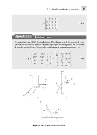 T ∫
1 0 0 0
0 1 0 2
0 0 1 1
0 0 0 1
L
N
MMMM
O
Q
PPPP
(5.40)
Ejemplo 5.11 Rotación pura
Considere la figura 5.19b), donde el sistema M se obtiene a partir del sistema de refe-
rencia F por medio de su rotación alrededor de su eje Z con un ángulo de 30º. La matriz
de transformación homogénea para la rotación pura se proporciona entonces por
T ∫
C S
S C
30 30 0 0
30 30 0 0
0 0 1 0
0 0 0 1
∞ - ∞
∞ ∞
L
N
MMMM
O
Q
PPPP
=
3
2
1
2
0 0
1
2
3
2
0 0
0 0 1 0
0 0 0 1
-
L
N
MMMMMM
O
Q
PPPPPP
(5.41)
30°
30°
Y
V
M
F
X U
Z W,
a) b)
c)
F
X
U
V
Y
M
2 1
30°
2 1
FX
U
V
Y
M
W
Z
Figura 5.19 Diferentes movimientos
5.3 Transformación de coordenadas 95
 