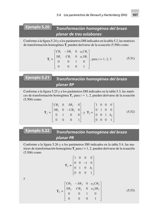 Ejemplo 5.20 Transformación homogénea del brazo
planar de tres eslabones
Conforme a la figura 5.24 y a los parámetros DH indicados en la tabla 5.2, las matrices
de transformación homogénea Ti
pueden derivarse de la ecuación (5.50b) como
Ti =
C S a C
S C a S
i i i i
i i i i
q q q
q q q
-L
N
MMMM
O
Q
PPPP
0
0
0 0 1 0
0 0 0 1
, para i = 1, 2, 3 (5.51)
Ejemplo 5.21 Transformación homogénea del brazo
planar RP
Conforme a la figura 5.25 y a los parámetros DH indicados en la tabla 5.3, las matri-
ces de transformación homogénea Ti
, para i ϭ 1, 2, pueden derivarse de la ecuación
(5.50b) como
T1 =
C S
S C
q q
q q
1 1
1 1
0 0
0 0
0 1 0 0
0 0 0 1
-
L
N
MMMM
O
Q
PPPP
, y T2 =
1 0 0 0
0 1 0 0
0 0 1
0 0 0 1
2b
L
N
MMMM
O
Q
PPPP
(5.52)
Ejemplo 5.22 Transformación homogénea del brazo
planar PR
Conforme a la figura 5.26 y a los parámetros DH indicados en la tabla 5.4, las ma-
trices de transformación homogénea Ti
para i = 1, 2, pueden derivarse de la ecuación
(5.50b) como
T1 =
1 0 0 0
0 0 1 0
0 1 0
0 0 0 1
1
-
L
N
MMMM
O
Q
PPPPb
y
T2 =
C S a C
S C a S
q q q
q q q
2 2 2 2
2 2 2 2
0
0
0 0 1 0
0 0 0 1
-L
N
MMMM
O
Q
PPPP
(5.53)
5.4 Los parámetros de Denavit y Hartenberg (DH) 107
 