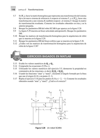 110 CAPÍTULO 5 Transformaciones
5.7 Si [TA
]F
fuese la matriz homogénea que representa una transformación del sistema
fijo a un nuevo sistema de referencia A respecto al sistema F, y si [TB
]F
fuese otra
transformación a uno sistema B, también respecto al sistema F, busque la matriz
de transformación resultante. Comente los resultados obtenidos en ésta y en la
anterior pregunta.
5.8 Busque los parámetros DH del robot SCARA que aparece en la figura 5.28.
5.9 La figura 5.29 muestra un brazo articulado antropomorfo. Busque los parámetros
DH.
5.10 Busque las matrices de transformación homogénea para la arquitectura de robot
que se muestra en la figura 5.29.
5.11 Busque los parámetros DH del brazo esférico que se muestra en la figura 5.30.
5.12 ¿Cuáles son las matrices de transformación homogénea para la arquitectura de
robot de la figura 5.30?
EJERCICIOS BASADOS EN MATLAB
5.13 Evalúe los valores numéricos de QA
y QB
.
5.14 Compruebe las ecuaciones (5.55a-c).
5.15 Utilizando los valores numéricos del ejercicio 5.5, demuestre la propiedad no
conmutativa de las rotaciones, es decir, QA
QB
≠ QB
QA
.
5.16 Usando las funciones “atan” y “atan2”, encuentre el ángulo formado por la línea
que une el origen (0, 0) y un punto (2, 1).
5.17 Repita el ejercicio 5.16 para los puntos (0, 0) y (Ϫ2, Ϫ1). Comente los resultados
obtenidos usando “atan” y “atan2”. ¿Cuál es el correcto?
b4
␪4
␪2
a2
b3
Z Z3 4,
Z2
a1
b1
␪1
Z1
b2
Figura 5.28 Un robot SCARA
 