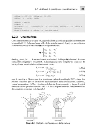 th21=atan2(s21,c21); th22=atan2(s22,c22);
th23=pi-th21; th24=pi-th22;
%Angles in degree
r2d=180/pi;
th11d=th11*r2d, th12d=th12*r2d, th21d=th21*r2d, th22d=th22*r2d, th23d =
th23*r2d,
th24d = th24*r2d, th31d=th31*r2d, th32d=th32*r2d
6.2.3 Una muñeca
Considere la muñeca de la figura 6.9, cuyas relaciones cinemáticas pueden darse mediante
la ecuación (6.12). Se buscan las variables de las articulaciones ␪1, ␪2 y ␪3, correspondientes
a una orientación del efector final Q con la siguiente forma:
Q ∫
q q q
q q q
q q q
11 12 13
21 22 23
31 32 33
L
N
MMM
O
Q
PPP
donde qij, para i, j = 1, … 3, son los elementos de la matriz de bloque Q de la matriz de trans-
formación homogénea T, ecuación (6.12). Entonces es posible computar las soluciones de
los ángulos de las articulaciones directamente como
q1 = a tan 2 (q23, q13)
q2 = a tan 2 q q q13
2
23
2
33+FH IK,
q3 = a tan 2 (–q32, q31)
(6.30a)
(6.30b)
(6.30c)
para ␪2 entre 0 y ␲. Observe que si se permite que cada articulación gire 360º, existen dos
posibles soluciones para los últimos tres desplazamientos de las articulaciones. En efecto,
ya que las ecuaciones (6.30a-c) involucran la función de arcotangente, el ángulo ␪1 podrá
tener dos valores que se encuentran a 180º. Las dos configuraciones que corresponden a las
dos soluciones se ilustran en la figura 6.9.
X3, X4
Z2
Z1
X1, X2
Z3, Z4
#3
#2
#1
#3
#2
#1
Solución (1)
␪i Solución ␪i
(2)
Figura 6.9 Múltiples conﬁguraciones de la muñeca
6.2 Análisis de la posición con cinemática inversa 129
 