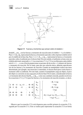 148 CAPÍTULO 7 Estática
donde fi–1,i y ni–1,i son las fuerzas y momentos de reacción entre el eslabón i – 1 y el eslabón i.
Para i = 1, f01 y n01 representan la fuerza y el momento ejercidos sobre el primer eslabón móvil
por el eslabón de la base fija. Para i = n + 1, fn,n+1 y nn,n+1 representan la fuerza y el momento
ejercidos sobre el ambiente por el efector final. En este sentido, el ambiente se trata como un
eslabón adicional, numerado n + 1. Las ecuaciones (7.1) y (7.2) se escriben para cada eslabón
móvil i = 1, ..., n con el fin de proporcionar ecuaciones de 6n en 6(n + 1) número de fuerzas
y momentos de reacción. Por lo tanto, para dar una solución única, deberán especificarse
seis de las fuerzas y los momentos de reacción. Cuando un manipulador realiza una tarea
determinada, por ejemplo, una inserción o esmerilado, el efector final ejerce cierta fuerza o
momento sobre su ambiente. Por otro lado, cuando el manipulador carga un objeto, el peso
del objeto se convierte en una carga para el efector final. Por lo tanto, considerando la fuerza
y el momento del efector final fm,n+1 y nm,n+1 como una cantidad conocida, pueden resolverse
las ecuaciones (7.1) y (7.2) para las fuerzas y los momentos de reacción restantes, es decir,
1 O 1 a 1 O O
O 1 O 1 O O
O O O O 1 O
O O O O O 1
- - ¥ º
- º
L
N
MMMMMM
O
Q
PPPPPP
1
n
f
n
f
n
f
01
1
1
01
12
12
n
n
-
-
L
N
MMMMMMMMM
O
Q
PPPPPPPPP,
,
n
n
=
- ¥
-
- ¥
-
- ¥ + ¥ +
- +
L
N
MMMMMMMMM
O
Q
PPPPPPPPP+ +
+
d g
g
d g
g
d g a f
g f
1 1
1
2 2
2
1 1
1
m
m
m
m
m
m
n n n n n n n
n n n
, ,
,
n
(7.3)
Observe que la ecuación (7.3) está dispuesta para escribir primero la ecuación (7.2),
seguida por la ecuación (7.1). Esto se realiza para representar la ecuación (7.3) en forma
X1
Z1
Y1
ni i–1,
fi i–1,
Oi
Xi
ai
ai
di
Oi+1
–fi i, +1
–ni i, +1
ri
mig
Ci
Zi+1
Zi
Articulación, + 1i
Articulación, i
Figura 7.1 Fuerzas y momentos que actúan sobre el eslabón i
 