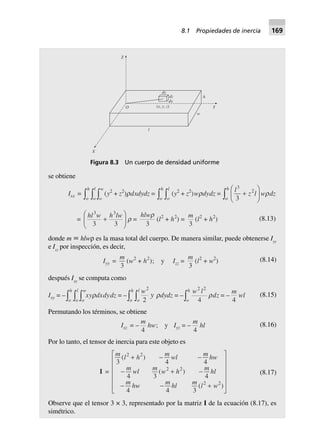 Figura 8.3 Un cuerpo de densidad uniforme
dy
dz
dx
( , , )x y z
X
l
w
h
YO
Z
se obtiene
Ixx =
o
h
o
l
o
w
z zz (y2
+ z2
)rdxdydz =
o
h
o
l
z z (y2
+ z2
)wrdydz =
o
h l
z lz +
F
HG I
KJ
3
2
3
wrdz
=
hl w h lw3 3
3 3
+
F
HG I
KJ r =
hlwr
3
(l2
+ h2
) =
m
3
(l2
+ h2
) (8.13)
donde m ϵ hlwρ es la masa total del cuerpo. De manera similar, puede obtenerse Iyy
e Izz
por inspección, es decir,
Iyy =
m
3
(w2
+ h2
); y Izz =
m
3
(l2
+ w2
) (8.14)
después Ixy
se computa como
Ixy = –
o
h
o
l
o
w
z zz xyrdxdydz = –
o
h
o
l
z z y rdydz = –
o
h w l
z 2 2
w2
4
rdz = –
m
42
wl (8.15)
Permutando los términos, se obtiene
Ixz = –
m
4
hw; y Iyz = –
m
4
hl (8.16)
Por lo tanto, el tensor de inercia para este objeto es
I =
m l h m wl m hw
m wl m w h m hl
m
hw
m
hl
m
l w
3 4 4
4 3 4
4 4 3
2 2
2 2
2 2
( )
( )
( )
+ - -
- + -
- - +
L
N
MMMMM
O
Q
PPPPP
(8.17)
Observe que el tensor 3 × 3, representado por la matriz I de la ecuación (8.17), es
simétrico.
8.1 Propiedades de inercia 169
 