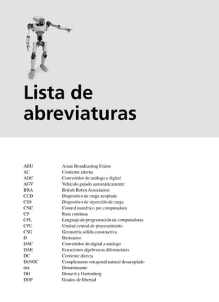 xviii Apéndice A Principios básicos matemáticos
ABU Asian Broadcasting Union
AC Corriente alterna
ADC Convertidor de análogo a digital
AGV Vehículo guiado automáticamente
BRA British Robot Association
CCD Dispositivo de carga acoplada
CID Dispositivo de inyección de carga
CNC Control numérico por computadora
CP Ruta continua
CPL Lenguaje de programación de computadoras
CPU Unidad central de procesamiento
CSG Geometría sólida constructiva
D Derivativo
DAC Convertidor de digital a análogo
DAE Ecuaciones algebraicas diferenciales
DC Corriente directa
DeNOC Complemento ortogonal natural desacoplado
det. Determinante
DH Denavit y Hartenberg
DOF Grados de libertad
Lista de
abreviaturas
 