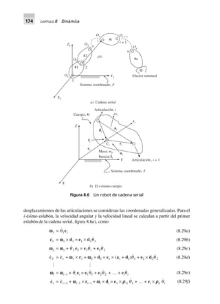174 CAPÍTULO 8 Dinámica
desplazamientos de las articulaciones se consideran las coordenadas generalizadas. Para el
i-ésimo eslabón, la velocidad angular y la velocidad lineal se calculan a partir del primer
eslabón de la cadena serial, figura 8.6a), como
(8.29a)
(8.29b)
(8.29c)
(8.29d)
(8.29e)
wwwww1 = q1e1
c1 = wwwww1 ¥ d1 = e1 ¥ d1q1
wwwww2 = wwwww1 + q 2 e2 = e1q1 + e2q 2
c2 = c1 + wwwww1 ¥ r1 + wwwww2 ¥ d2 = e1 ¥ (a1 + d2)q1 + e2 ¥ d2q 2
wwwwwi = wwwwwi–1 + qi ei = e1q1 + e2q 2 + º + eiqi
ci = ci-1 + wwwwwi–1 ¥ ri–1 + wwwwwi ¥ di = e1 ¥ rrrrr1i q1 + º + ei ¥ rrrrrii qi (8.29f)
Figura 8.6 Un robot de cadena serial
Efector terminal
X1
a) Cadena serial
Sistema coordenado, F
Y1
O1
O2
O3Z1
Oi
i
3
2
1
#1
#2
#i
ρ2i
Oi + 1
On
i + 1
n
#n
X
Y
Z
Cuerpo, #i
Articulación, i
ωi
vi
aidi
fi
ni
ri
ci
Ci
Masa: ,
Inercia:I
mi
i
Articulación , + 1i
F
b) El i-ésimo cuerpo
Sistema coordenado,
 