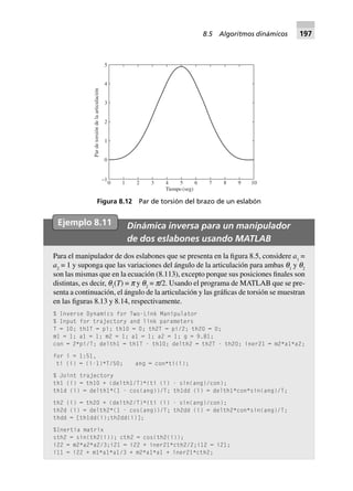 Figura 8.12 Par de torsión del brazo de un eslabón
0 1 2 3 4 5 6 7 8 9 10
Tiempo (seg)
–1
0
1
2
3
4
5
Pardetorsióndelaarticulación
Ejemplo 8.11 Dinámica inversa para un manipulador
de dos eslabones usando MATLAB
Para el manipulador de dos eslabones que se presenta en la figura 8.5, considere a1
=
a2
= 1 y suponga que las variaciones del ángulo de la articulación para ambas q1
y q2
son las mismas que en la ecuación (8.113), excepto porque sus posiciones finales son
distintas, es decir, q1
(T) = p y q2
= p/2. Usando el programa de MATLAB que se pre-
senta a continuación, el ángulo de la articulación y las gráficas de torsión se muestran
en las figuras 8.13 y 8.14, respectivamente.
% Inverse Dynamics for Two-Link Manipulator
% Input for trajectory and link parameters
T = 10; th1T = pi; th10 = 0; th2T = pi/2; th20 = 0;
m1 = 1; a1 = 1; m2 = 1; a1 = 1; a2 = 1; g = 9.81;
con = 2*pi/T; delth1 = th1T - th10; delth2 = th2T - th20; iner21 = m2*a1*a2;
for i = 1:51,
ti (i) = (i-1)*T/50; ang = con*ti(i);
% Joint trajectory
th1 (i) = th10 + (delth1/T)*(ti (i) - sin(ang)/con);
th1d (i) = delth1*(1 - cos(ang))/T; th1dd (i) = delth1*con*sin(ang)/T;
th2 (i) = th20 + (delth2/T)*(ti (i) - sin(ang)/con);
th2d (i) = delth2*(1 - cos(ang))/T; th2dd (i) = delth2*con*sin(ang)/T;
thdd = [th1dd(i);th2dd(i)];
%Inertia matrix
sth2 = sin(th2(i)); cth2 = cos(th2(i));
i22 = m2*a2*a2/3;i21 = i22 + iner21*cth2/2;i12 = i21;
i11 = i22 + m1*a1*a1/3 + m2*a1*a1 + iner21*cth2;
8.5 Algoritmos dinámicos 197
 