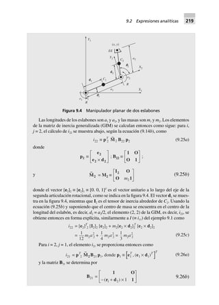 d1
e1
a1
d2
e2C1
p1
R
R
X1
X2
p2
a2C2
Y2
Y1
( , )x y
EE
Figura 9.4 Manipulador planar de dos eslabones
Las longitudes de los eslabones son a1 y a2, y las masas son m1 y m2. Los elementos
de la matriz de inercia generalizada (GIM) se calculan entonces como sigue: para i,
j = 2, el cálculo de i22 se muestra abajo, según la ecuación (9.14b), como
i22 ∫ pT
2
~
M2 B22 p2 (9.25a)
donde
p2 ∫
e
e d
2
2 2¥
L
NM O
QP ; B22 ∫
1 O
O 1
L
NM O
QP ;
y
~
M2 = M2 ∫
I O
O 1
2
m2
L
NM O
QP (9.25b)
donde el vector [e2]2 ≡ [e2]1 ≡ [0. 0, 1]T
es el vector unitario a lo largo del eje de la
segunda articulación rotacional, como se indica en la figura 9.4. El vector d2 se mues-
tra en la figura 9.4, mientras que I2 es el tensor de inercia alrededor de C2. Usando la
ecuación (9.25b) y suponiendo que el centro de masa se encuentra en el centro de la
longitud del eslabón, es decir, d2 = a2/2, el elemento (2, 2) de la GIM, es decir, i22, se
obtiene entonces en forma explícita, similarmente a I (≡ i11) del ejemplo 9.1 como
i22 = [e2]T
2 [I2]2 [e2]2 + m2[e2 ¥ d2]2
T
[e2 ¥ d2]2
=
1
12
m2a2
2 +
1
4
m2a2
2 =
1
3
m2a2
2
(9.25c)
Para i = 2, j = 1, el elemento i21 se proporciona entonces como
i21 = pT
2
~
M2 B21 p1, donde p1 ∫ e e d1 1 1
T T T
, ( )¥ (9.26a)
y la matriz B21 se determina por
B21 =
1 O
r d 1- + ¥
L
NM O
QP( )1 2 1
9.26b)
9.2 Expresiones analíticas 219
 
