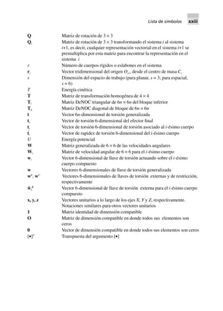 Q Matriz de rotación de 3 × 3
Qi Matriz de rotación de 3 × 3 transformando el sistema i al sistema
i+1, es decir, cualquier representación vectorial en el sistema i+1 se
premultiplica por esta matriz para encontrar la representación en el
sistema i
r Número de cuerpos rígidos o eslabones en el sistema
ri Vector tridimensional del origen Oi+1 desde el centro de masa Ci
s Dimensión del espacio de trabajo (para planar, s = 3; para espacial,
s = 6)
T Energía cinética
T Matriz de transformación homogénea de 4 × 4
Tl Matriz DeNOC triangular de 6n × 6n del bloque inferior
Td Matriz DeNOC diagonal de bloque de 6n × 6n
t Vector 6n-dimensional de torsión generalizada
te Vector de torsión 6-dimensional del efector final
ti Vector de torsión 6-dimensional de torsión asociado al i-ésimo cuerpo
t
·
i Vector de rapidez de torsión 6-dimensional del i-ésimo cuerpo
U Energía potencial
W Matriz generalizada de 6 × 6 de las velocidades angulares
Wi Matriz de velocidad angular de 6 × 6 para el i-ésimo cuerpo
wi Vector 6-dimensional de llave de torsión actuando sobre el i-ésimo
cuerpo compuesto
w Vectores 6-dimensionales de llave de torsión generalizada
wE
, wC
Vectores 6-dimensionales de llaves de torsión externas y de restricción,
respectivamente
w∼
i
E
Vector 6-dimensional de llave de torsión externa para el i-ésimo cuerpo
compuesto
x, y, z Vectores unitarios a lo largo de los ejes X, Y y Z, respectivamente.
Notaciones similares para otros vectores unitarios
1 Matriz identidad de dimensión compatible
O Matriz de dimensión compatible en donde todos sus elementos son
ceros
0 Vector de dimensión compatible en donde todos sus elementos son ceros
[•]T
Transpuesta del argumento [•]
Lista de símbolos xxiii
 