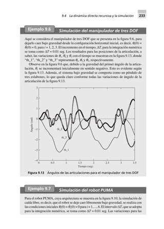 Ejemplo 9.6 Simulación del manipulador de tres DOF
Aquí se considera el manipulador de tres DOF que se presenta en la figura 9.6, para
dejarlo caer bajo gravedad desde la configuración horizontal inicial, es decir, qi(0) =
q
·
i(0) = 0, para i = 1, 2, 3. El incremento en el tiempo, ∆T, para la integración numérica
se toma como ∆T = 0.01 seg. Los resultados para las posiciones de la articulación, a
saber, las variaciones de q1, q2 y q3 con el tiempo se muestran en la figura 9.13, donde
“th_1”, “th_2” y “th_3” representan q1, q2 y q3, respectivamente.
Observe en la figura 9.6 que, debido a la gravedad del primer ángulo de la articu-
lación, q1 se incrementará inicialmente en sentido negativo. Esto es evidente según
la figura 9.13. Además, el sistema bajo gravedad se comporta como un péndulo de
tres eslabones, lo que queda claro conforme todas las variaciones de ángulo de la
articulación de la figura 9.13.
th_3
0.50 1 1.5 2 2.5 3 3.5
Tiempo (seg)
–4
–3
–2
–1
0
1
2
3
Ángulo(rad)
th_2
th_1
Figura 9.13 Ángulos de las articulaciones para el manipulador de tres DOF
Ejemplo 9.7 Simulación del robot PUMA
Para el robot PUMA, cuya arquitectura se muestra en la figura 9.10, la simulación de
caída libre, es decir, que el robot se deje caer libremente bajo gravedad, se realiza con
las condiciones iniciales qi(0) = q
·
i(0) = 0 para i = 1, ..., 6. El intervalo ∆T, que se adopta
para la integración numérica, se toma como ∆T = 0.01 seg. Las variaciones para las
9.4 La dinámica directa recursiva y la simulación 233
 