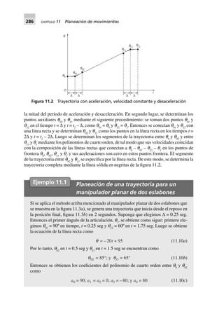 286 CAPÍTULO 11 Planeación de movimientos
la mitad del periodo de aceleración y desaceleración. En segundo lugar, se determinan los
puntos auxiliares q02
y qƒ1
mediante el siguiente procedimiento: se toman dos puntos q01
y
qƒ2
en el tiempo t = ∆ y t = tƒ
– ∆, como q01
= q0
y qƒ2
= qƒ
. Entonces se conectan q01
y qƒ2
con
una línea recta y se determinan q02
y qƒ1
como los puntos en la línea recta en los tiempos t =
2∆ y t = tƒ
– 2∆. Luego se determinan los segmentos de la trayectoria entre q0
y q02
y entre
qƒ1
y qƒ
mediante los polinomios de cuarto orden, de tal modo que sus velocidades coincidan
con la composición de las líneas rectas que conectan a q0
– q01
– qƒ2
– qƒ
en los puntos de
frontera q0
, q02
, qƒ1
y qƒ
y sus aceleraciones son cero en estos puntos frontera. El segmento
de la trayectoria entre q02
y qƒ1
se especifica por la línea recta. De este modo, se determina la
trayectoria completa mediante la línea sólida en negritas de la figura 11.2.
Figura 11.2 Trayectoria con aceleración, velocidad constante y desaceleración
q01
q02
qf1
qf2
qf3
t
D DDD
O
q0
q
Ejemplo 11.1 Planeación de una trayectoria para un
manipulador planar de dos eslabones
Si se aplica el método arriba mencionado al manipulador planar de dos eslabones que
se muestra en la figura 11.3a), se genera una trayectoria que inicia desde el reposo en
la posición final, figura 11.3b) en 2 segundos. Suponga que elegimos ∆ = 0.25 seg.
Entonces el primer ángulo de la articulación, q1
, se obtiene como sigue: primero ele-
gimos q01
= 90º en tiempo, t = 0.25 seg y qƒ2
= 60º en t = 1.75 seg. Luego se obtiene
la ecuación de la línea recta como
q = –20t 59+ (11.10a)
Por lo tanto, q02
en t = 0.5 seg y qƒ1
en t = 1.5 seg se encuentran como
q02 = 85°; y qf1 = 65° (11.10b)
Entonces se obtienen los coeficientes del polinomio de cuarto orden entre q0
y q02
como
a0 = 90; a1 = a2 = 0; a3 = –80; y a4 = 80 (11.10c)
 