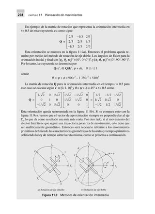 294 CAPÍTULO 11 Planeación de movimientos
Un ejemplo de la matriz de rotación que representa la orientación intermedia en
t = 0.5 de esta trayectoria es como sigue:
Q ∫
2 3 1 3 2 3
2 3 2 3 1 3
1 3 2 3 2 3
/ / /
/ / /
/ / /
-
-
L
N
MMM
O
Q
PPP
Esta orientación se muestra en la figura 11.9a). Entonces el problema queda re-
suelto por medio del método de rotación de eje doble. Los ángulos de Euler para la
orientación inicial y final son [f0
, q0
, y0
]T
= [0°, 0°,0°]T
, y [ff
, qf
, yf
]T
= [0°, 90°, 90°]T
.
Por lo tanto, la trayectoria se determina por
Q(e¢, q) Q(k¢, y + f), 0 £ t £ 1
donde
q = y + f = 900t3
– 1.350t4
+ 540t5
La matriz de rotación Q para la orientación intermedia en el tiempo t = 0.5 para
este caso se calcula según e؅ ≡ [0, 1, 0]T
y q = y + f = 45° a t = 0.5 como
Q =
1 2 0 1 2
0 1 0
1 2 0 1 2
/ /
/ /-
L
N
MMM
O
Q
PPP
1 2 1 2 0
1 2 1 2 0
0 0 1
/ /
/ /
-L
N
MMM
O
Q
PPP
=
1 2 1 2 1 2
1 2 1 2 0
1 2 1 2 1 2
/ / /
/ /
/ / /
-
-
L
N
MMM
O
Q
PPP
Esta orientación queda representada en la figura 11.9b). Si se compara esto con la
figura 11.9a), vemos que el vector de aproximación siempre es perpendicular al eje
Y0
, lo que da como resultado una ruta más corta. Por otro lado, si el movimiento del
efector final tiene que seguir una trayectoria prescrita de movimiento, esto tiene que
ser analíticamente geométrico. Entonces será necesario referirse a los movimientos
primitivos definiendo las características geométricas de las rutas y tiempos primitivos
definiendo la ley de tiempo sobre la ruta misma, como se presenta a continuación.
Figura 11.9 Métodos de orientación intermedia
Xo
X
Yo
Z Y
Zo
k
a) Rotación de eje sencillo
Xo
Z
Zo
e؅
Yo
X
y + j
q
b) Rotación de eje doble
e
 