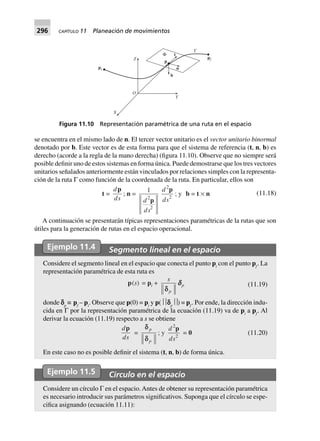 296 CAPÍTULO 11 Planeación de movimientos
se encuentra en el mismo lado de n. El tercer vector unitario es el vector unitario binormal
denotado por b. Este vector es de esta forma para que el sistema de referencia (t, n, b) es
derecho (acorde a la regla de la mano derecha) (figura 11.10). Observe que no siempre será
posible definir uno de estos sistemas en forma única. Puede demostrarse que los tres vectores
unitarios señalados anteriormente están vinculados por relaciones simples con la representa-
ción de la ruta Γ como función de la coordenada de la ruta. En particular, ellos son
t =
d
ds
p
; n =
1
2
2
d
ds
p
d
ds
2
2
p
; y b = t ¥ n (11.18)
A continuación se presentarán típicas representaciones paramétricas de la rutas que son
útiles para la generación de rutas en el espacio operacional.
Figura 11.10 Representación paramétrica de una ruta en el espacio
X
O
Y
Z
b
n
t
p
Φ
Γ
pf
pi
Ejemplo 11.4 Segmento lineal en el espacio
Considere el segmento lineal en el espacio que conecta el punto pi
con el punto pf
. La
representación paramétrica de esta ruta es
p(s) = pi +
s
pdd
dddddp (11.19)
donde cp
≡pf
– pi
. Observe que p(0) = pi
y p(⎥⎥cp
⎥⎥) = pf
. Por ende, la dirección indu-
cida en Γ por la representación paramétrica de la ecuación (11.19) va de pi
a pf
. Al
derivar la ecuación (11.19) respecto a s se obtiene
d
ds
p
=
dd
d
p
p
; y
d
ds
2
2
p
= 0 (11.20)
En este caso no es posible definir el sistema (t, n, b) de forma única.
Ejemplo 11.5 Círculo en el espacio
Considere un círculo Γ en el espacio.Antes de obtener su representación paramétrica
es necesario introducir sus parámetros significativos. Suponga que el círculo se espe-
cifica asignando (ecuación 11.11):
 