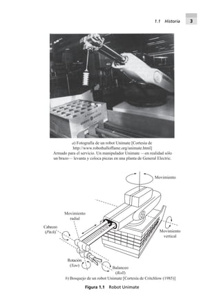 a) Fotografía de un robot Unimate [Cortesía de
http://www.robothalloffame.org/unimate.html]
Armado para el servicio. Un manipulador Unimate —en realidad sólo
un brazo— levanta y coloca piezas en una planta de General Electric.
Movimiento
radial
Movimiento
Movimiento
vertical
Cabeceo
(Pitch)
Rotación
(Yaw)
Balanceo
(Roll)
b) Bosquejo de un robot Unimate [Cortesía de Critchlow (1985)]
Figura 1.1 Robot Unimate
1.1 Historia 3
 