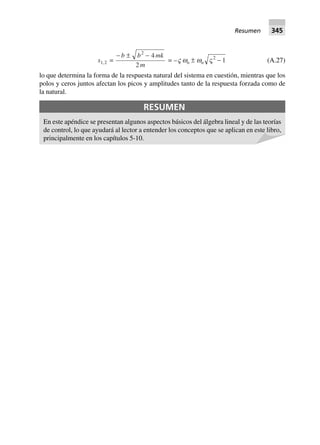 s1,2 =
- ± -b b mk
m
2
4
2
= –V wn ± wn V2
1- (A.27)
lo que determina la forma de la respuesta natural del sistema en cuestión, mientras que los
polos y ceros juntos afectan los picos y amplitudes tanto de la respuesta forzada como de
la natural.
RESUMEN
En este apéndice se presentan algunos aspectos básicos del álgebra lineal y de las teorías
de control, lo que ayudará al lector a entender los conceptos que se aplican en este libro,
principalmente en los capítulos 5-10.
Resumen 345
 