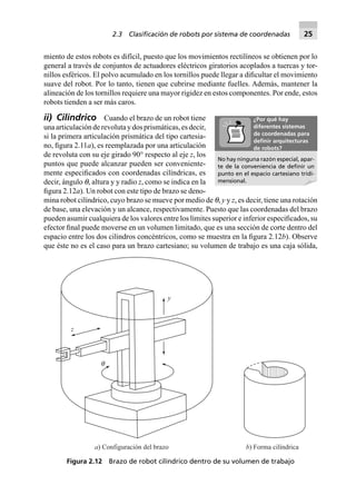 miento de estos robots es difícil, puesto que los movimientos rectilíneos se obtienen por lo
general a través de conjuntos de actuadores eléctricos giratorios acoplados a tuercas y tor-
nillos esféricos. El polvo acumulado en los tornillos puede llegar a diﬁcultar el movimiento
suave del robot. Por lo tanto, tienen que cubrirse mediante fuelles. Además, mantener la
alineación de los tornillos requiere una mayor rigidez en estos componentes. Por ende, estos
robots tienden a ser más caros.
ii) Cilíndrico Cuando el brazo de un robot tiene
unaarticulaciónderevolutaydosprismáticas,esdecir,
si la primera articulación prismática del tipo cartesia-
no, ﬁgura 2.11a), es reemplazada por una articulación
de revoluta con su eje girado 90° respecto al eje z, los
puntos que puede alcanzar pueden ser conveniente-
mente especiﬁcados con coordenadas cilíndricas, es
decir, ángulo q, altura y y radio z, como se indica en la
ﬁgura 2.12a). Un robot con este tipo de brazo se deno-
mina robot cilíndrico, cuyo brazo se mueve por medio de q, y y z, es decir, tiene una rotación
de base, una elevación y un alcance, respectivamente. Puesto que las coordenadas del brazo
pueden asumir cualquiera de los valores entre los límites superior e inferior especiﬁcados, su
efector ﬁnal puede moverse en un volumen limitado, que es una sección de corte dentro del
espacio entre los dos cilindros concéntricos, como se muestra en la ﬁgura 2.12b). Observe
que éste no es el caso para un brazo cartesiano; su volumen de trabajo es una caja sólida,
z
y
q
a) Configuración del brazo b) Forma cilíndrica
Figura 2.12 Brazo de robot cilíndrico dentro de su volumen de trabajo
No hay ninguna razón especial, apar-
te de la conveniencia de deﬁnir un
punto en el espacio cartesiano tridi-
mensional.
¿Por qué hay
diferentes sistemas
de coordenadas para
deﬁnir arquitecturas
de robots?
2.3 Clasiﬁcación de robots por sistema de coordenadas 25
 