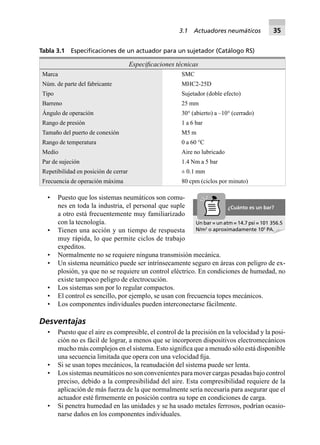 • Puesto que los sistemas neumáticos son comu-
nes en toda la industria, el personal que suple
a otro está frecuentemente muy familiarizado
con la tecnología.
• Tienen una acción y un tiempo de respuesta
muy rápida, lo que permite ciclos de trabajo
expeditos.
• Normalmente no se requiere ninguna transmisión mecánica.
• Un sistema neumático puede ser intrínsecamente seguro en áreas con peligro de ex-
plosión, ya que no se requiere un control eléctrico. En condiciones de humedad, no
existe tampoco peligro de electrocución.
• Los sistemas son por lo regular compactos.
• El control es sencillo, por ejemplo, se usan con frecuencia topes mecánicos.
• Los componentes individuales pueden interconectarse fácilmente.
Desventajas
• Puesto que el aire es compresible, el control de la precisión en la velocidad y la posi-
ción no es fácil de lograr, a menos que se incorporen dispositivos electromecánicos
mucho más complejos en el sistema. Esto signiﬁca que a menudo sólo está disponible
una secuencia limitada que opera con una velocidad ﬁja.
• Si se usan topes mecánicos, la reanudación del sistema puede ser lenta.
• Los sistemas neumáticos no son convenientes para mover cargas pesadas bajo control
preciso, debido a la compresibilidad del aire. Esta compresibilidad requiere de la
aplicación de más fuerza de la que normalmente sería necesaria para asegurar que el
actuador esté ﬁrmemente en posición contra su tope en condiciones de carga.
• Si penetra humedad en las unidades y se ha usado metales ferrosos, podrían ocasio-
narse daños en los componentes individuales.
Tabla 3.1 Especiﬁcaciones de un actuador para un sujetador (Catálogo RS)
Especiﬁcaciones técnicas
Marca SMC
Núm. de parte del fabricante MHC2-25D
Tipo Sujetador (doble efecto)
Barreno 25 mm
Ángulo de operación 30° (abierto) a –10° (cerrado)
Rango de presión 1 a 6 bar
Tamaño del puerto de conexión M5 m
Rango de temperatura 0 a 60 °C
Medio Aire no lubricado
Par de sujeción 1.4 Nm a 5 bar
Repetibilidad en posición de cerrar ± 0.1 mm
Frecuencia de operación máxima 80 cpm (ciclos por minuto)
Un bar = un atm = 14.7 psi = 101 356.5
N/m2
o aproximadamente 105
PA.
¿Cuánto es un bar?
3.1 Actuadores neumáticos 35
 