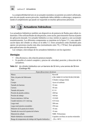 36 CAPÍTULO 3 Actuadores
La compresibilidad del aire en un actuador neumático no permite un control soﬁsticado,
pero de esto puede sacarse provecho, impidiendo daños debidos a sobrecarga y proporcio-
nando el cumplimiento que puede ser requerido en muchas aplicaciones prácticas.
3.2 Actuadores hidráulicos
Los actuadores hidráulicos también son dispositivos de potencia de ﬂuidos para robots in-
dustriales. Ellos utilizan ﬂuidos de alta presión, como aceite, para transmitir fuerzas al punto
de aplicación deseado. Un actuador hidráulico es muy similar en aspecto a uno accionado
neumáticamente. Los diferentes componentes se muestran en la ﬁgura 3.3 y una especiﬁ-
cación típica del cilindro se ofrece en la tabla 3.2. Estos actuadores están diseñados para
operar con presiones mucho más altas (normalmente entre 70 y 170 bar). Son apropiados
para aplicaciones de alta potencia.
Las ventajas y desventajas de los actuadores hidráulicos son las siguientes:
Ventajas
• Alta eﬁciencia y alta relación potencia-tamaño.
• Es posible el control completo y preciso de velocidad, posición y dirección de los
actuadores.
Tabla 3.2 Un cilindro hidráulico con un barreno de 32 mm y una carrera de 50 mm
(Catálogo RS)
Especiﬁcaciones técnicas
Marca Rexroth
Núm. de parte del fabricante CDL1M00/32/18/50/CIX/B1CHUMS
Tipo Cilindro-vástago rótula
Cuerpo Acero al carbono
Tamaño de barreno 32 mm
Carrera 50 mm
Tamaño del puerto G 1/4
Presión de prueba estática 240 bar
Presión de trabajo 160 bar
Fuerza máxima a 160 bar 12.8 kN
Caudal máximo a 0.1 mm/seg 4.8 l/min
Largo total 200 mm
Largo total (pistón extendido) 250 mm
Diámetro de la punta de la barra 18 mm
Tamaño de rosca de la punta de la barra 18 mm
Material de sellado NBR / Poliuretano
Medio hidráulico recomendado Líquidos con base en aceites minerales
Rango de temperatura de trabajo del líquido hidráulico –20 a +80°C
 