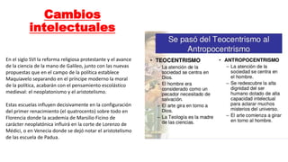 Cambios
intelectuales
11
En el siglo SVI la reforma religiosa protestante y el avance
de la ciencia de la mano de Galileo, junto con las nuevas
propuestas que en el campo de la política establece
Maquiavelo separando en el príncipe moderno la moral
de la política, acabarán con el pensamiento escolástico
medieval: el neoplatonismo y el aristotelismo.
Estas escuelas influyen decisivamente en la configuración
del primer renacimiento (el quatrocento) sobre todo en
Florencia donde la academia de Marsilio Ficino de
carácter neoplatónica influirá en la corte de Lorenzo de
Médici, o en Venecia donde se dejó notar el aristotelismo
de las escuela de Padua.
 