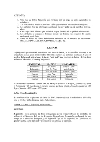 RESUMEN.-

   1. Una base de Datos Relacional está formada por un grupo de datos agrupados en
      relaciones.
   2. Las relaciones se presentan mediante tablas que contienen información homogénea.
   3. Los distintos itens de información contienen tuplas y cada una se identifica con una
      clave.
   4. Cada tupla está formada por atributos cuyos valores no se pueden descomponer.
   5. Los atributos se asignan a dominios siendo un dominio un conjunto de valores
      posibles de un atributo.
   6. Entre las bases de Datos Relacionales existentes en el mercado se encuentran:
      DBASE, ORACLE, CLIPPER, FOXPRO, ACCES, etc.


                                        EJEMPLO.-

Supongamos que deseamos representar una base de Datos, la información referente a las
asignaturas donde están matriculados diferentes alumnos de distintas facultades. Según el
modelo Relacional utilizaríamos la tabla: “Matrícula” que contiene atributos de los datos
referentes a Facultad, Alumno y Asignatura.

                  FACULTAD              ALUMNO             ASIGNATURA
                   Informática         Luis Suárez          Base de Datos
                   Informática         Ana del Pozo         Metodología
                   Informática         Ana del Pozo         Base de Datos
                     Exactas            Juan Pino            Geografía
                     Exactas            Eva Martín            Álgebra
                     Exactas            Eva Martín           Topología

Si la estructura de la tabla tiene un total de 100 bytes (Facultad = 50 bytes, Alumno = 30 bytes
y Asignatura = 20 bytes) para el ejemplo anterior que tiene 6 tuplas, los datos ocuparían 600
bytes (6 tuplas x 100 bytes = 600 bytes).

2.5.2. Modelo Jerárquico.

La representación se presenta en forma de árbol. Permite reducir la redundancia inevitable
que se produce en las Bases de Datos Relacionales.

PARTE ESTATICA (Objetos y Restricciones).-

OBJETOS:

Segmento.- Es un conjunto de datos homogéneos que se corresponde con las entidades. Se
diferencia el Segmento Raíz de los Segmentos Dependientes de acuerdo con la posición que
ocupe en la estructura jerárquica, y el Segmento Tipo de los Segmento de Ocurrencia, el
primero define a una identidad y el segundo a los datos de la identidad.
 