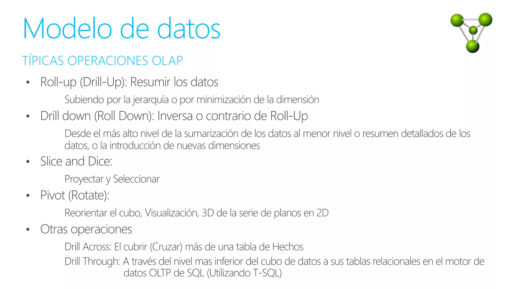 TÍPICAS OPERACIONES OLAP
Modelo de datos
 