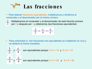 Las fracciones Para obtener  fracciones equivalentes , multiplicamos o dividimos el numerador y el denominador por el mismo número. Para comprobar si  dos fracciones son equivalentes se multiplican en cruz y se obtiene el mismo resultado. y son equivalentes porque  3 x 4 = 12   y  6 x 2 = 12 y son equivalentes porque  9 x 4 = 36   y  6 x 6 = 36 Multiplicamos el numerador y el denominador de esta fracción primero por  2  y después por  3  y obtenemos dos fracciones equivalentes: 