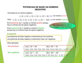 POTENCIAS DE BASE UN NÚMERO
NEGATIVO
Si la base es un número negativo:
Las potencias de base negativa y exponente impar son negativas.
Otros ejemplos:
(–3) · (–3) · (–3) · (–3) = (–3)4
= 81
Pero (–3) · (–3) · (–3) · (–3) · (–3) = (–3)5
= –243
Si el exponente es 4, resulta un número positivo porque
hay un número par de signos negativos. Recuerda que (–) · (–) = +
y que (–) · (–) · (–) = (–)
Si el exponente es 5, resulta un número negativo
porque hay un número impar de signos negativos.
Las potencias de base negativa y exponente par son positivas.
En general:
Son positivas: (a) (–2)6
= 64 (b) (–4)2
= 16
(c) (–1)·(–1)·(–1)·(–1)·(–1)·(–1) )·(–1)·(–1) = (–1)8
= 1
Son negativas: (a) (–2)5
= –32 (b) (–4)3
= –64
(c) (–1)·(–1)·(–1)·(–1)·(–1 )·(–1)·(–1) = (–1)7
= –1
Un número positivo.
Un número negativo.
 