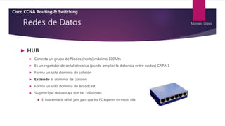 Redes de Datos
 HUB
 Conecta un grupo de Nodos (hosts) máximo 100Mts
 Es un repetidor de señal eléctrica (puede ampliar la distancia entre nodos) CAPA 1
 Forma un solo dominio de colisión
 Extiende el dominio de colisión
 Forma un solo dominio de Broadcast
 Su principal desventaja son las colisiones
 El hub emite la señal jam, para que los PC esperen en modo idle
Cisco CCNA Routing & Switching
Marcelo López
 