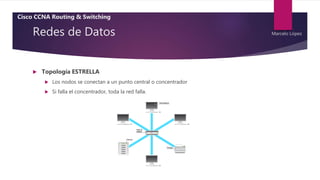 Redes de Datos
 Topología ESTRELLA
 Los nodos se conectan a un punto central o concentrador
 Si falla el concentrador, toda la red falla.
Cisco CCNA Routing & Switching
Marcelo López
 