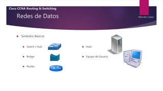 Redes de Datos
 Simbolos Básicos
 Switch / Hub
 Bridge
 Router
 Host
 Equipo de Usuario
Cisco CCNA Routing & Switching
Marcelo López
 