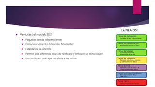  Ventajas del modelo OSI
 Pequeñas tareas independientes
 Comunicación entre diferentes fabricantes
 Estandariza la industria
 Permite que diferentes tipos de hardware y software se comuniquen
 Un cambio en una capa no afecta a las demas
 