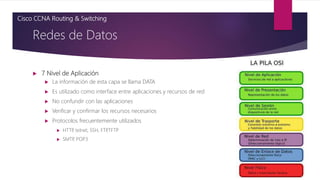  7 Nivel de Aplicación
 La información de esta capa se llama DATA
 Es utilizado como interface entre aplicaciones y recursos de red
 No confundir con las aplicaciones
 Verificar y confirmar los recursos necesarios
 Protocolos frecuentemente utilizados
 HTTP
, telnet, SSH, FTP
,TFTP
 SMTP
, POP3
Redes de Datos
Cisco CCNA Routing & Switching
 