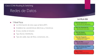  1 Nivel Fisca
 La información de esta capa se llama BITS
 Establece las características eléctricas y mecánicas
 Envia y recibe en binario
 Tipo RS232, RS449,DSL
 Tipo de cable, tipo de fibra, conectores, etc…
Redes de Datos
Cisco CCNA Routing & Switching
 
